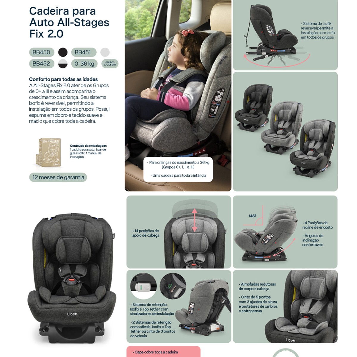 Cadeira Para Auto 0-36 Kg Isofix Litet All Stages Fix 2.0 Preta - Bb450-BB450-73995