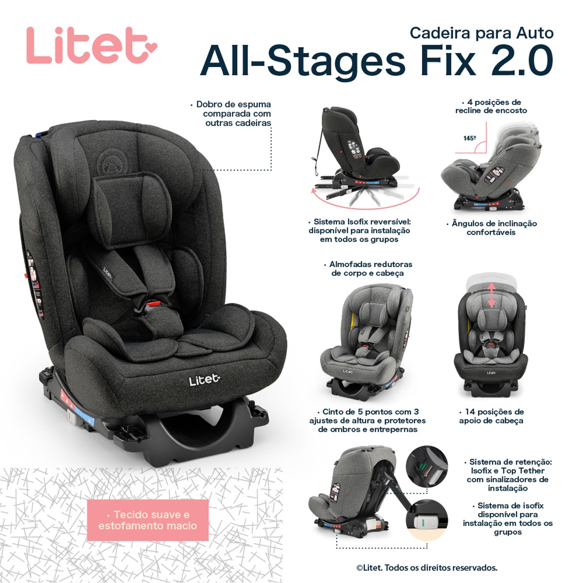 Cadeira Para Auto 0-36 Kg Isofix Litet All Stages Fix 2.0 Preta - Bb450-BB450-99757