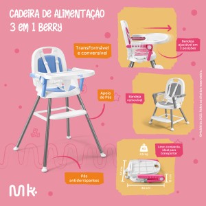 Cadeira De Alimentação 3 Em 1 Berry Multikids Baby Rosa-BB390-46474