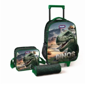 Mochila De Rodinhas Com Estojo E Lancheira - Dinos