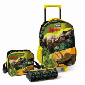 Mochila De Rodinhas Com Estojo E Lancheira - Dinossauro T-rex