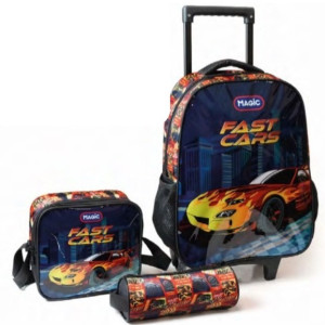 Mochila De Rodinhas Com Estojo E Lancheira - Fast Cars