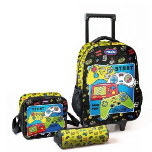 Mochila De Rodinhas Com Estojo E Lancheira - Game Over