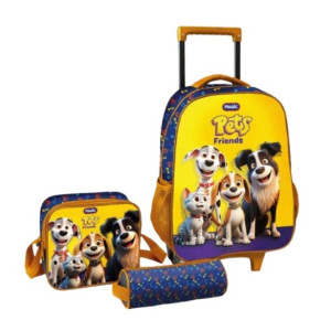 Mochila De Rodinhas Com Estojo E Lancheira - Pets Friends