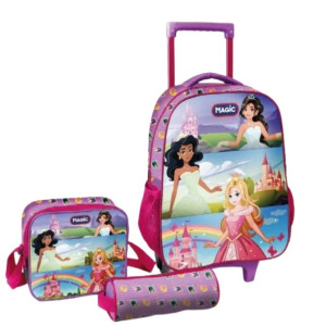 Mochila De Rodinhas Com Estojo E Lancheira - Princesas E Seus Castelos