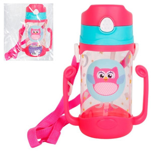 Garrafa Plástica 400 Ml Com Canudo E Alça Dupla Estampa Coruja
