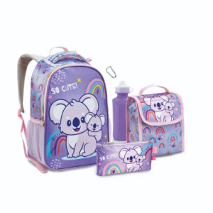 Kit Infantil Feminino | Mochila + Lancheira + Estojo + Garrafa + Mosquetão