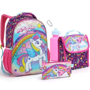 Kit Infantil Feminino | Mochila + Lancheira + Estojo + Garrafa + Mosquetão