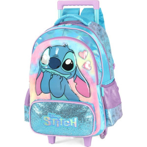 Mochila Infantil Com Rodinha Stitch Azul G C/cetim E Peluci