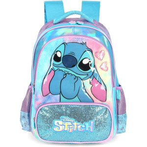 Mochila Infantil Com Rodinha Stitch Azul G Cetim C/pelucia
