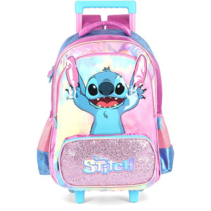 Mochila Infantil Com Rodinha Stitch Roxo C/cetim E Pelucia