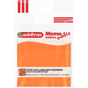 Bloco De Recado Autoadesivo Memonote Transp 76x76 Laranja Neon 50fls