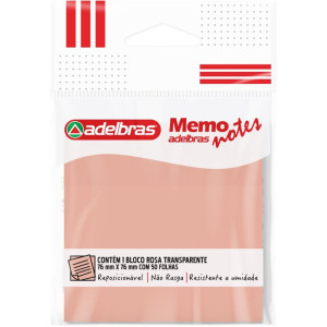 Bloco De Recado Autoadesivo Memonote Transparente 76x76 Rosa 50fls