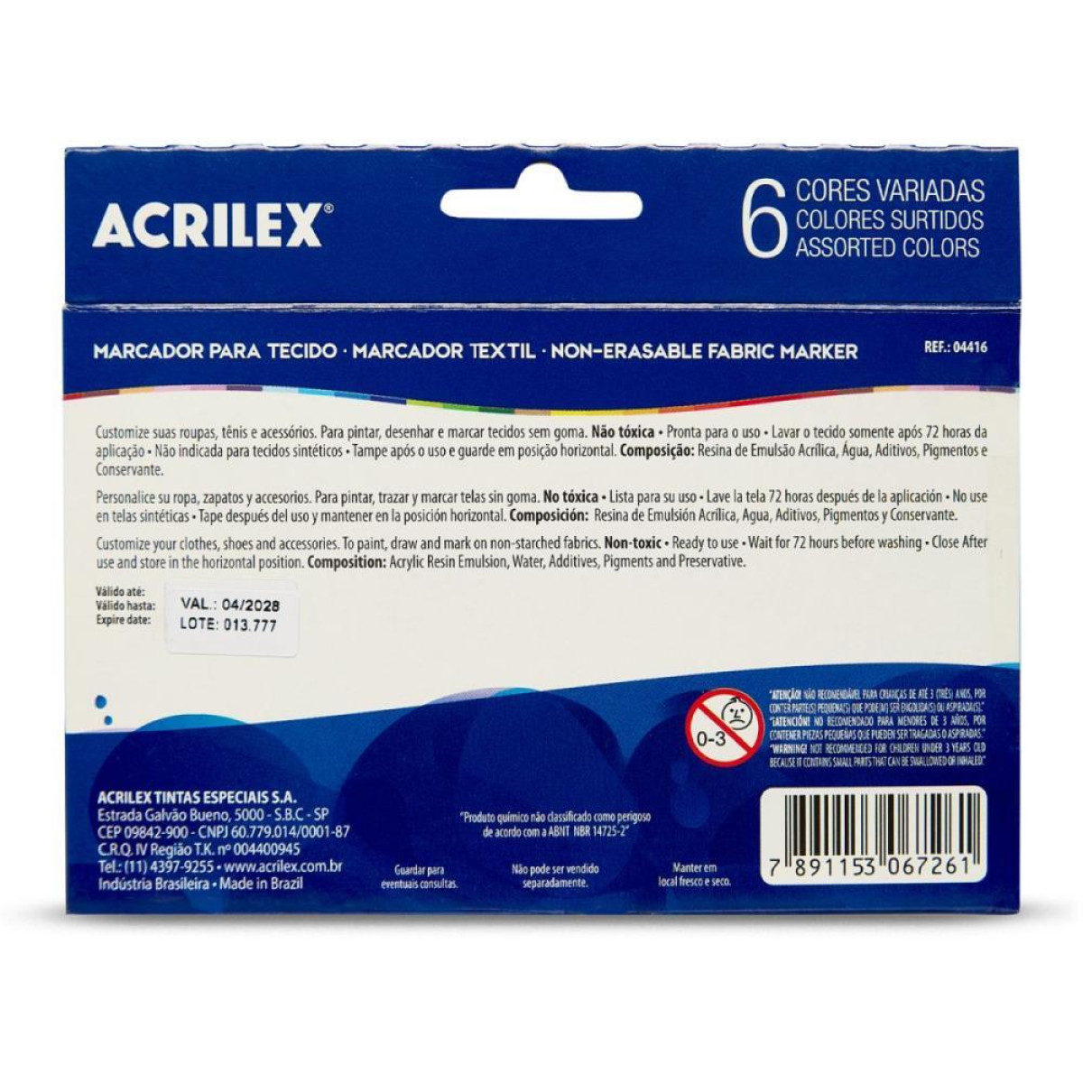 Caneta Para Tecido 6 Cores Sortidas Acrilpen-126499-14508