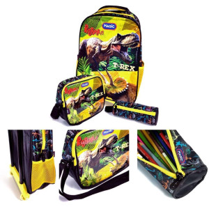 Mochila Infantil Com Rodinha Dinossauro T-rex G Estojo+lanc