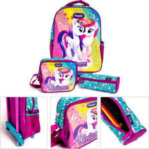 Mochila Infantil Com Rodinha Unicornios Casal G Estojo+lanc
