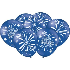Balão Decorado Feliz Aniversario Azul Escuro Com 25 Unidades