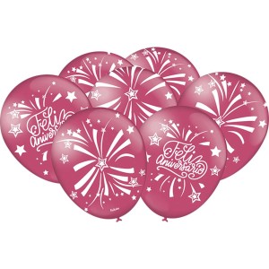 Balão Decorado Feliz Aniversario Rosa Escuro Com 25 Unidades
