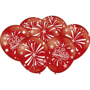 Balão Decorado Feliz Aniversario Vermelho Com 25 Unidades