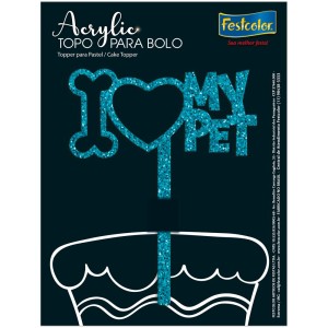 Topo Acrylic I Love My Pet Glitter Azul 5 Unidades-109013-46057