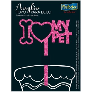 Topo Acrylic I Love My Pet Glitter Rosa 5 Unidades