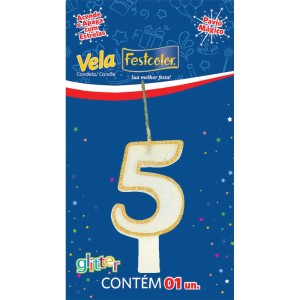 Vela Glitter Ouro Nº5 Com 10 Unidades