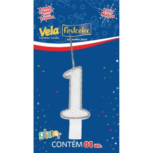 Vela Glitter Prata Nº1 Com 10 Unidades