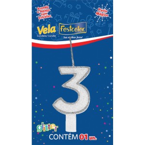 Vela Glitter Prata Nº3 Com 10 Unidades