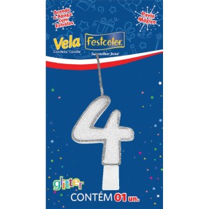 Vela Glitter Prata Nº4 Com 10 Unidades