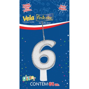 Vela Glitter Prata Nº6 Com 10 Unidades