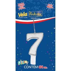 Vela Glitter Prata Nº7 Com 10 Unidades