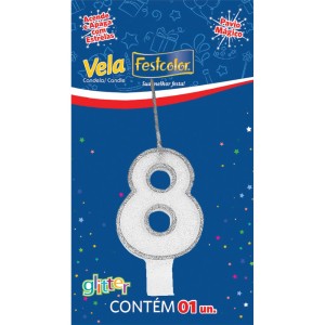 Vela Glitter Prata Nº8 Com 10 Unidades