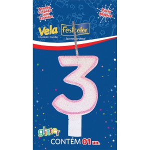 Vela Glitter Rosa Nº3 Com 10 Unidades