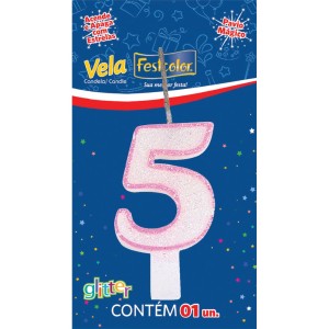 Vela Glitter Rosa Nº5 Com 10 Unidades