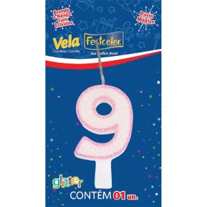 Vela Glitter Rosa Nº9 Com 10 Unidades