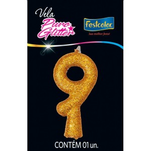 Vela Puro Glitter Dourada Nº9 Com 10 Unidades