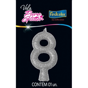 Vela Puro Glitter Prata Nº8 Com 10 Unidades