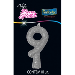 Vela Puro Glitter Prata Nº9 Com 10 Unidades