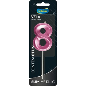 Vela Slim Metallic Pink Nº8 Com 10 Unidades