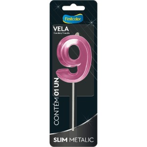 Vela Slim Metallic Pink Nº9 Com 10 Unidades