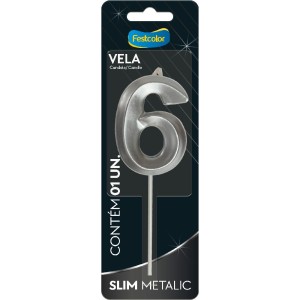 Vela Slim Metallic Prata Nº6 Com 10 Unidades