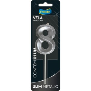 Vela Slim Metallic Prata Nº8 Com 10 Unidades