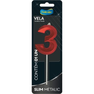 Vela Slim Metallic Vermelha Nº3 Com 10 Unidades