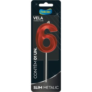 Vela Slim Metallic Vermelha Nº6 Com 10 Unidades