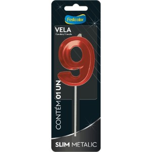 Vela Slim Metallic Vermelha Nº9 Com 10 Unidades