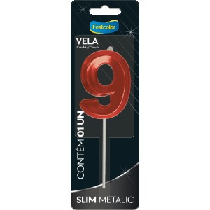 Vela Slim Metallic Vermelha Nº9 Com 10 Unidades-111334-79724