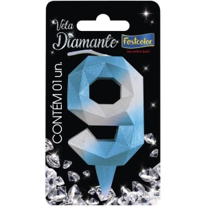 Vela Diamante Azul Prateada Nº9 Com 10 Unidades