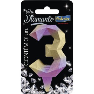 Vela Diamante Rosa Dourada Nº3 Com 10 Unidades