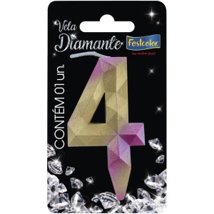 Vela Diamante Rosa Dourada Nº4 Com 10 Unidades