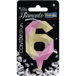 Vela Diamante Rosa Dourada Nº6 Com 10 Unidades